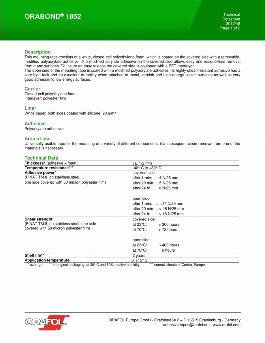 Pagina 1-Banda dublu adeziva buretoasa ALGERNON ORABOND 1852TM Fisa tehnica Engleza Technical
Datasheet...