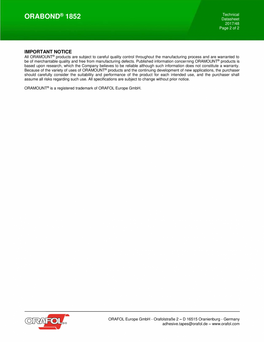 Pagina 2 - Banda dublu adeziva buretoasa ALGERNON ORABOND 1852TM Fisa tehnica Engleza aterials is...