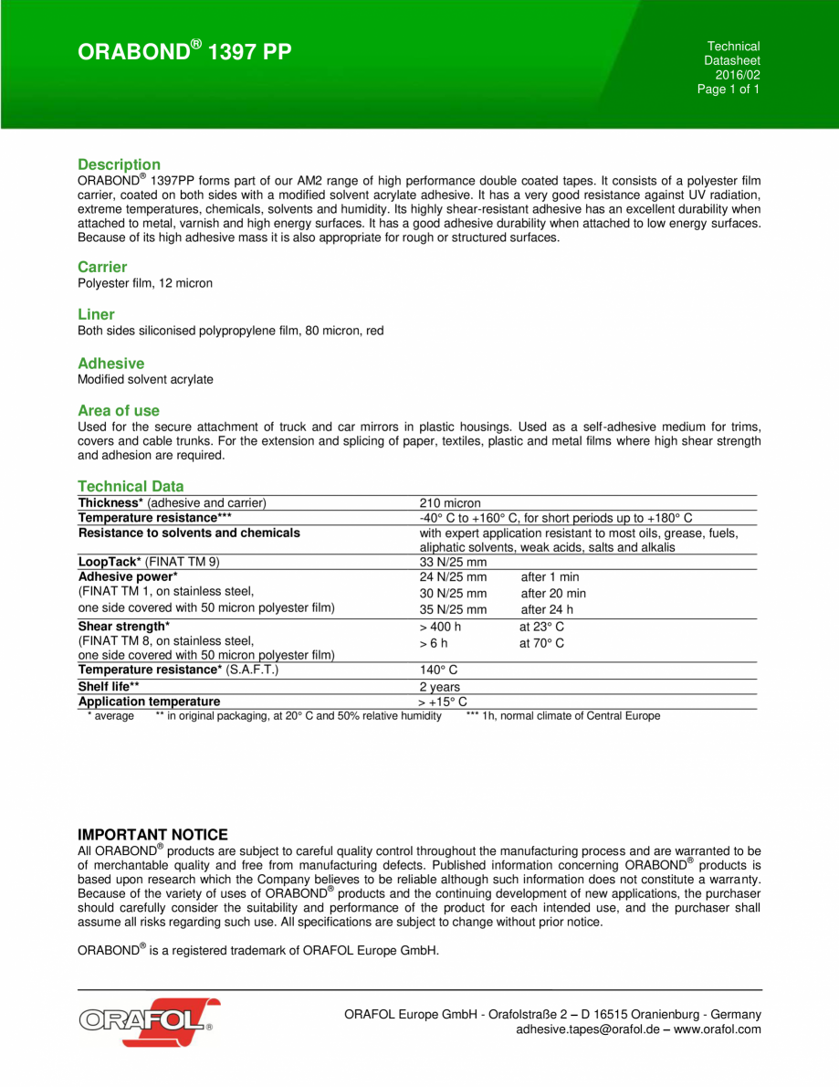 Pagina 1-Banda dublu adeziva din poliester ALGERNON ORABOND 1397 PP Fisa tehnica Engleza ORABOND® 1397 PP
...
