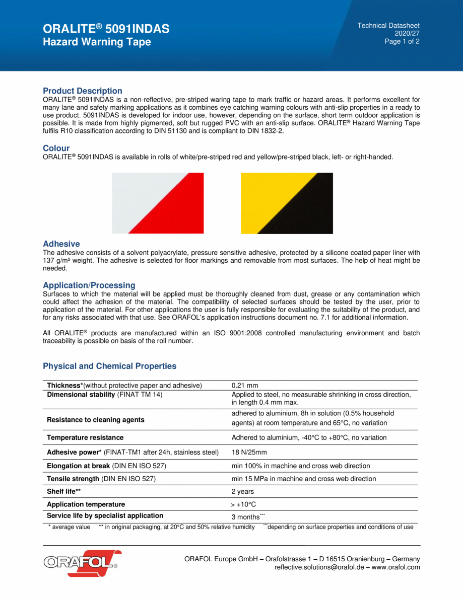 Pagina 1-Benzi de avertizare pericol ALGERNON ORALITE 5091 INDAS Fisa tehnica Engleza Technical Datasheet...