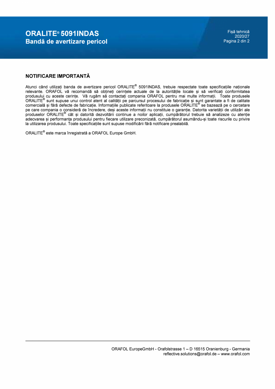 Pagina 2-Benzi de avertizare pericol ALGERNON ORALITE 5091 INDAS Fisa tehnica Romana 