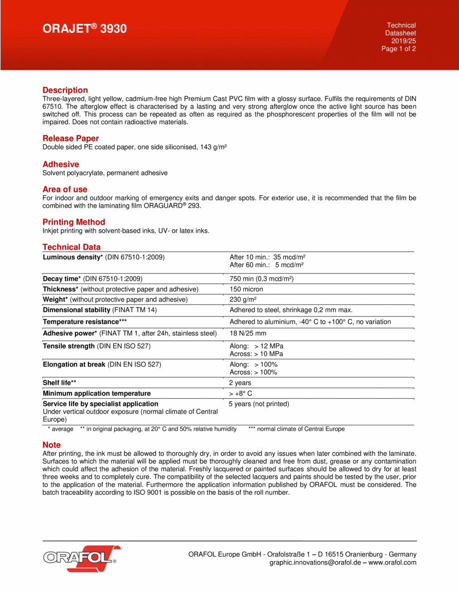 Pagina 1 - Folie cast adeziva fotoluminiscenta ALGERNON ORAJET 3930 Fisa tehnica Romana Technical...