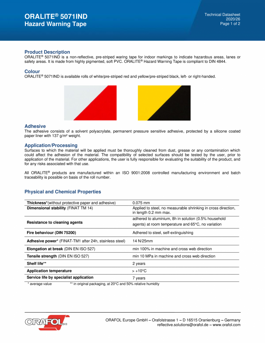 Pagina 1 - Banda adeziva pentru delimitarea spatiilor ALGERNON ORALITE 5071 IND Fisa tehnica Engleza...