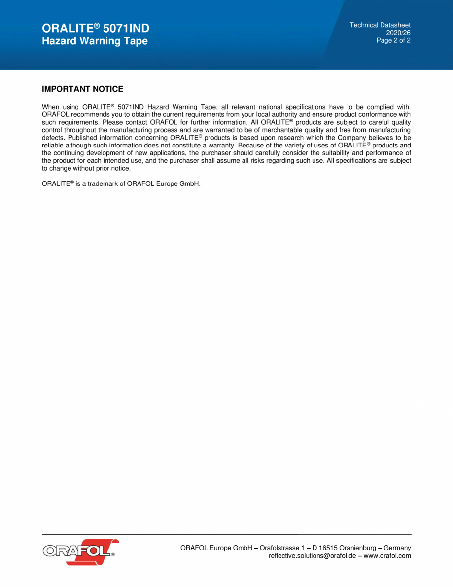 Pagina 2 - Banda adeziva pentru delimitarea spatiilor ALGERNON ORALITE 5071 IND Fisa tehnica Engleza...