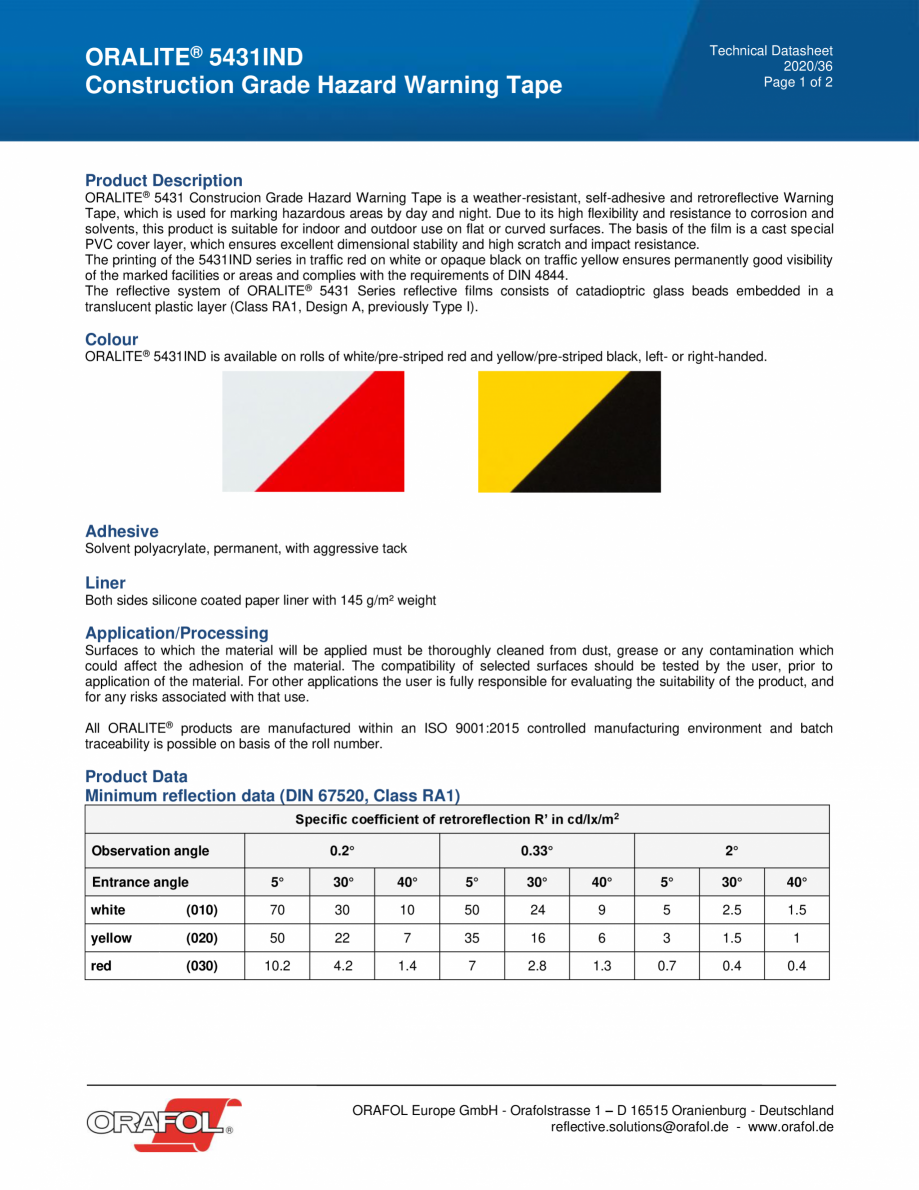 Pagina 1 - Banda antiderapanta cu insertie fotoluminescenta ALGERNON ORALITE 5431 IND Fisa tehnica...