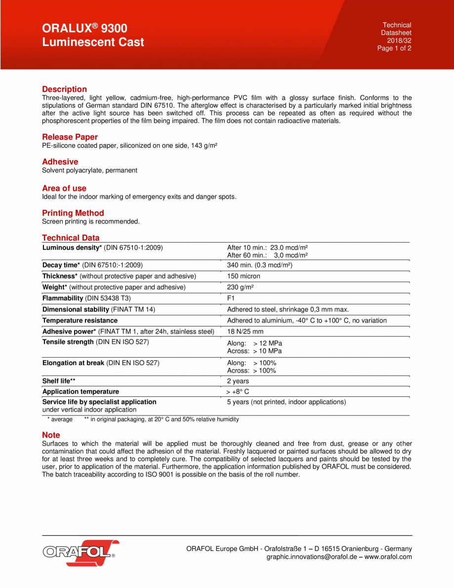 Pagina 1 -  Folie fotoluminiscenta, imprimabila serigrafic ALGERNON ORALUX 9300 Fisa tehnica Engleza...