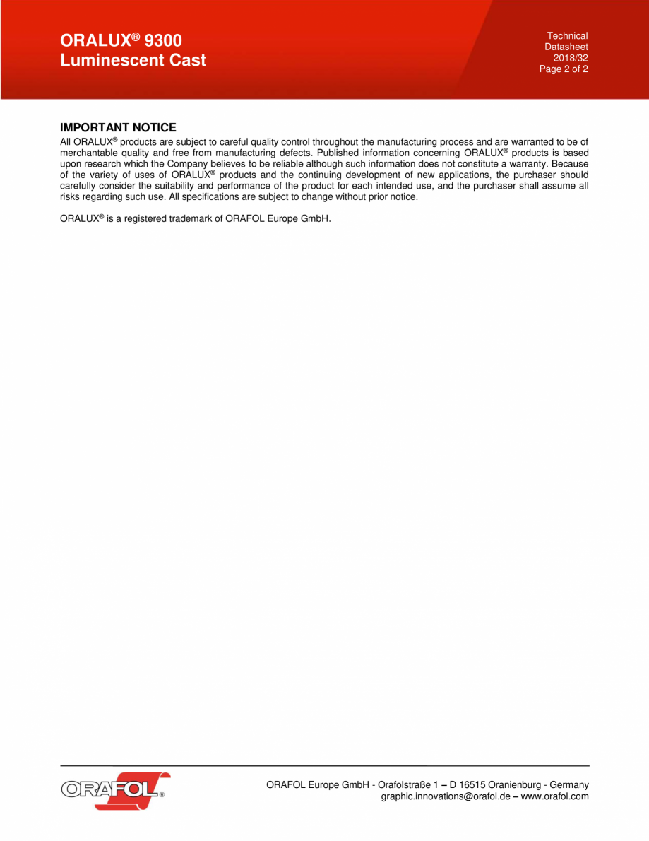 Pagina 2 -  Folie fotoluminiscenta, imprimabila serigrafic ALGERNON ORALUX 9300 Fisa tehnica Engleza...