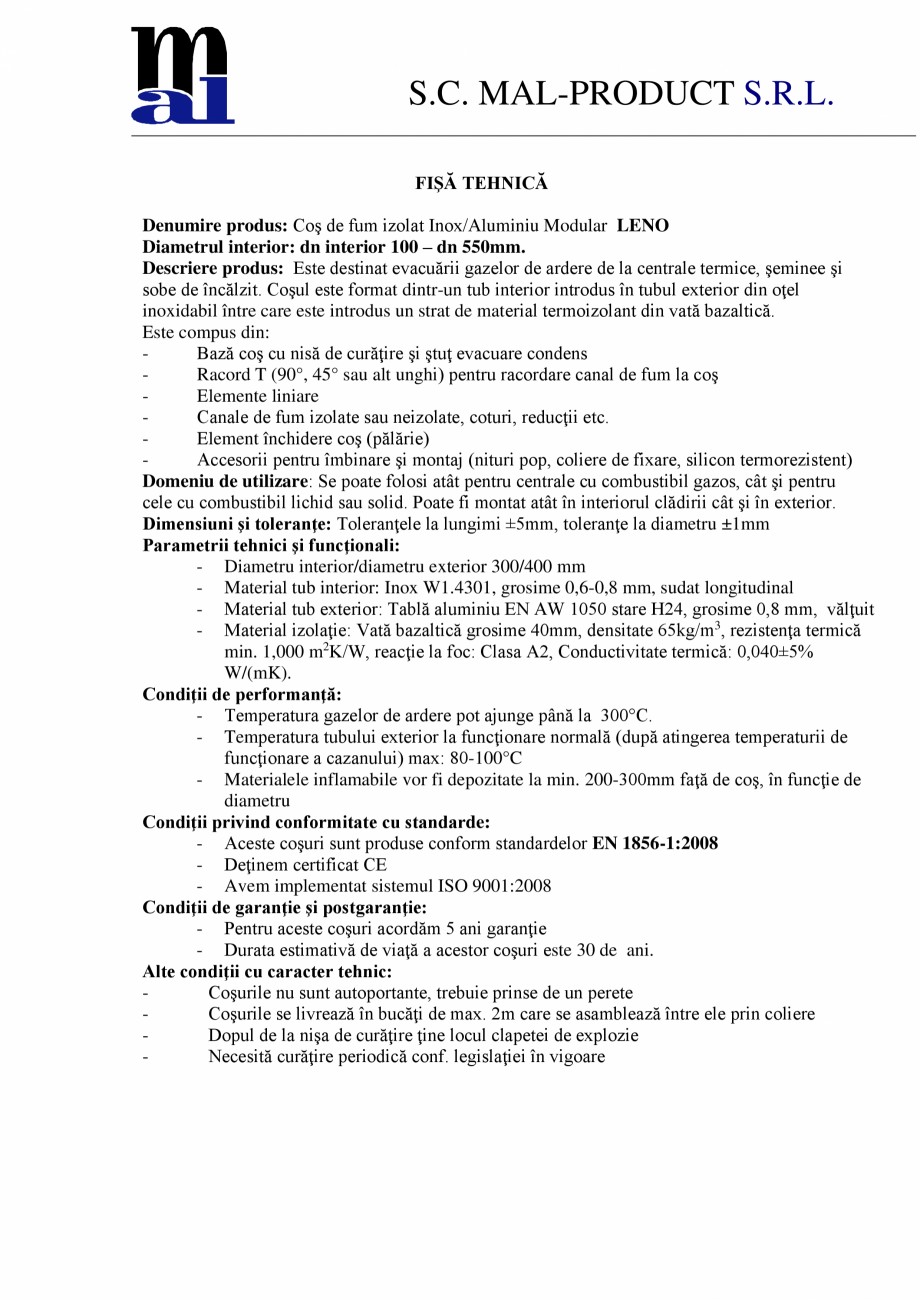 Pagina 1-Coş de fum izolat Inox/Aluminiu Modular  LENO MAL-PRODUCT Fisa tehnica Romana S.C. MAL-PRODUCT S.R....