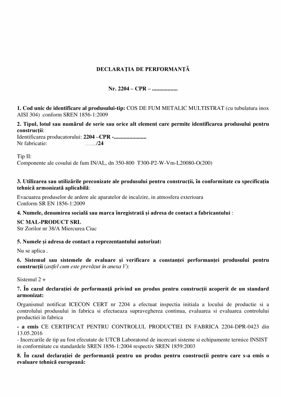 Pagina 1-Declaratie de performanta cos de fum metalic multistrat MAL-PRODUCT Certificare produs Romana...