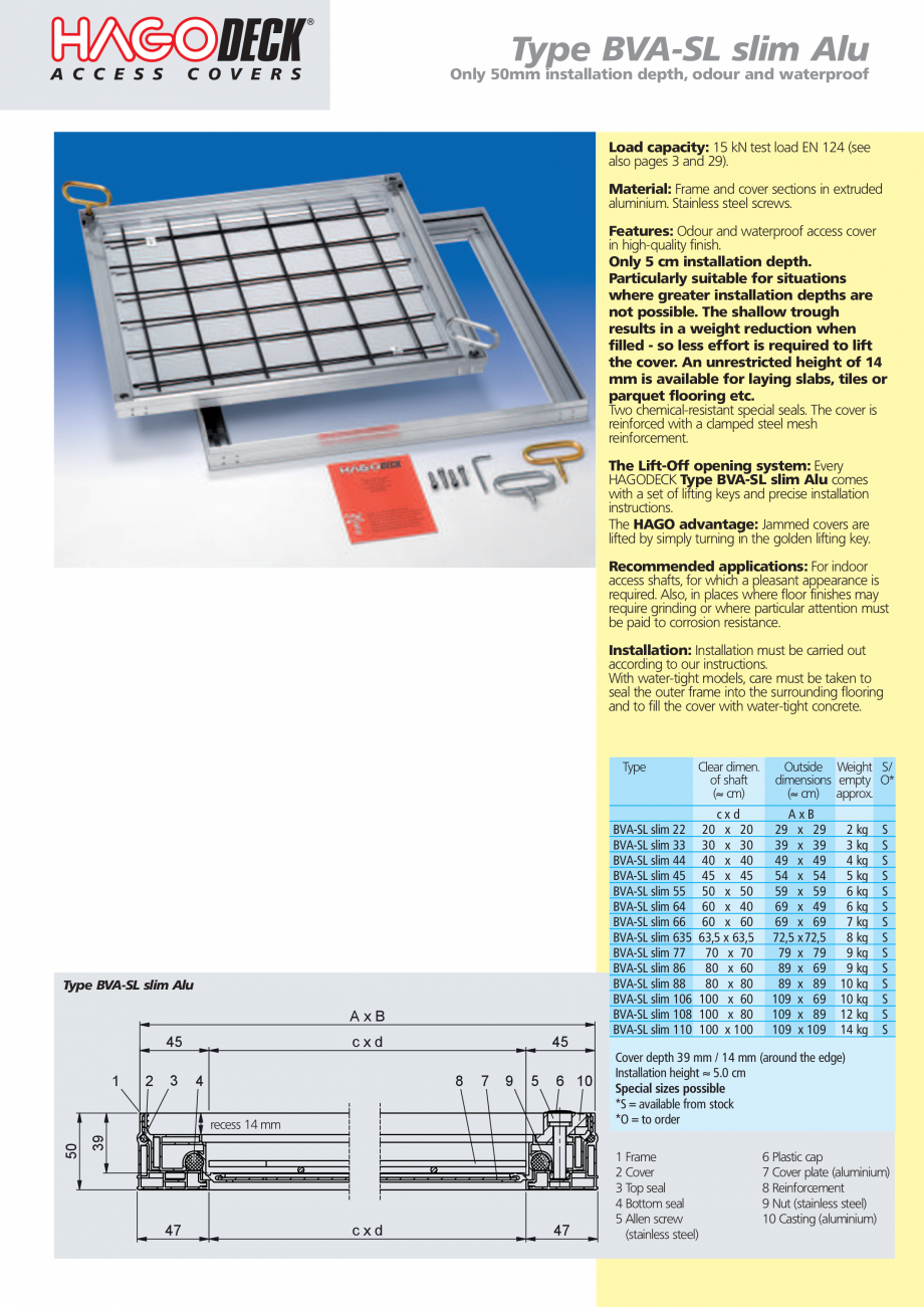 Pagina 1-Capac de aluminu etans la aer si apa HAGODECK BVA-SL Fisa tehnica Engleza A C C E S S

Type BVA-SL...