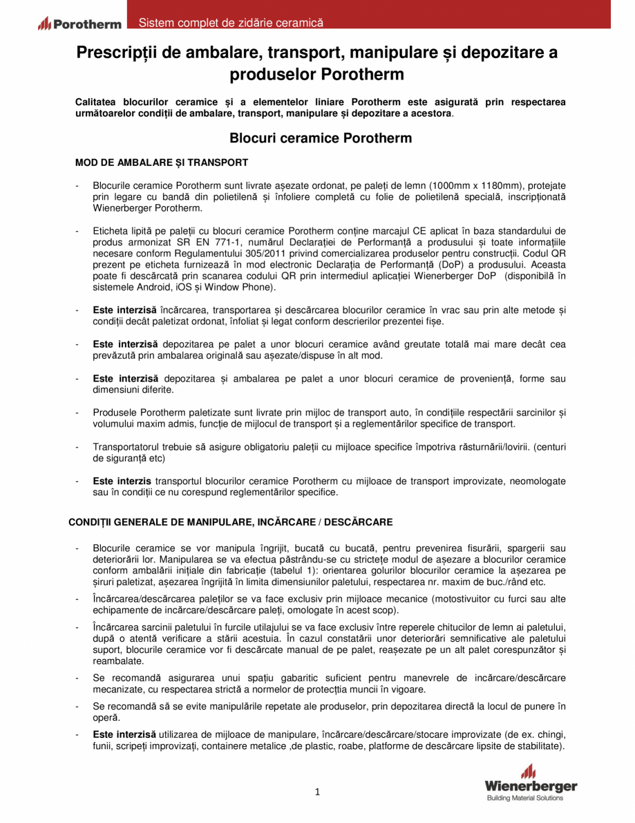 Pagina 1-Prescriptii de ambalare, transport, manipulare si depozitare a produselor Porotherm POROTHERM...