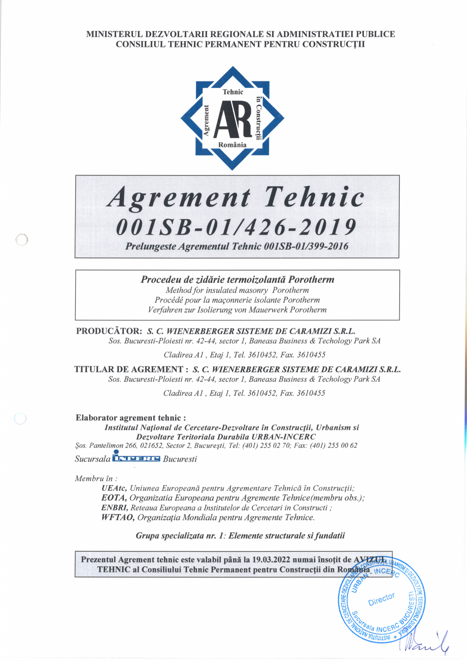 Pagina 1-Agrement Tehnic 001SB-01/426-2019 POROTHERM Certificare produs Romana 