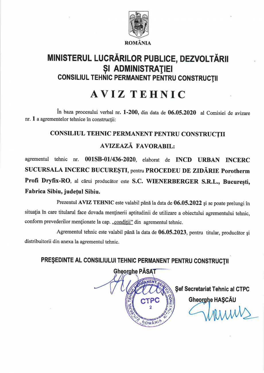 Pagina 1-Agrement tehnic zidarie Porotherm Profi +Dryfix_Romania POROTHERM Certificare produs Romana...