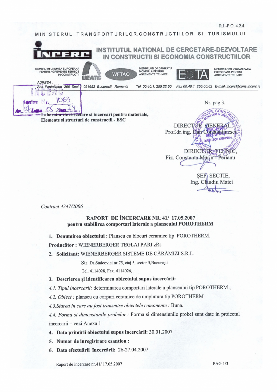 Pagina 1-Planseu Porotherm - raport testare - incercari POROTHERM 60, 45, grinda planseu Porotherm...