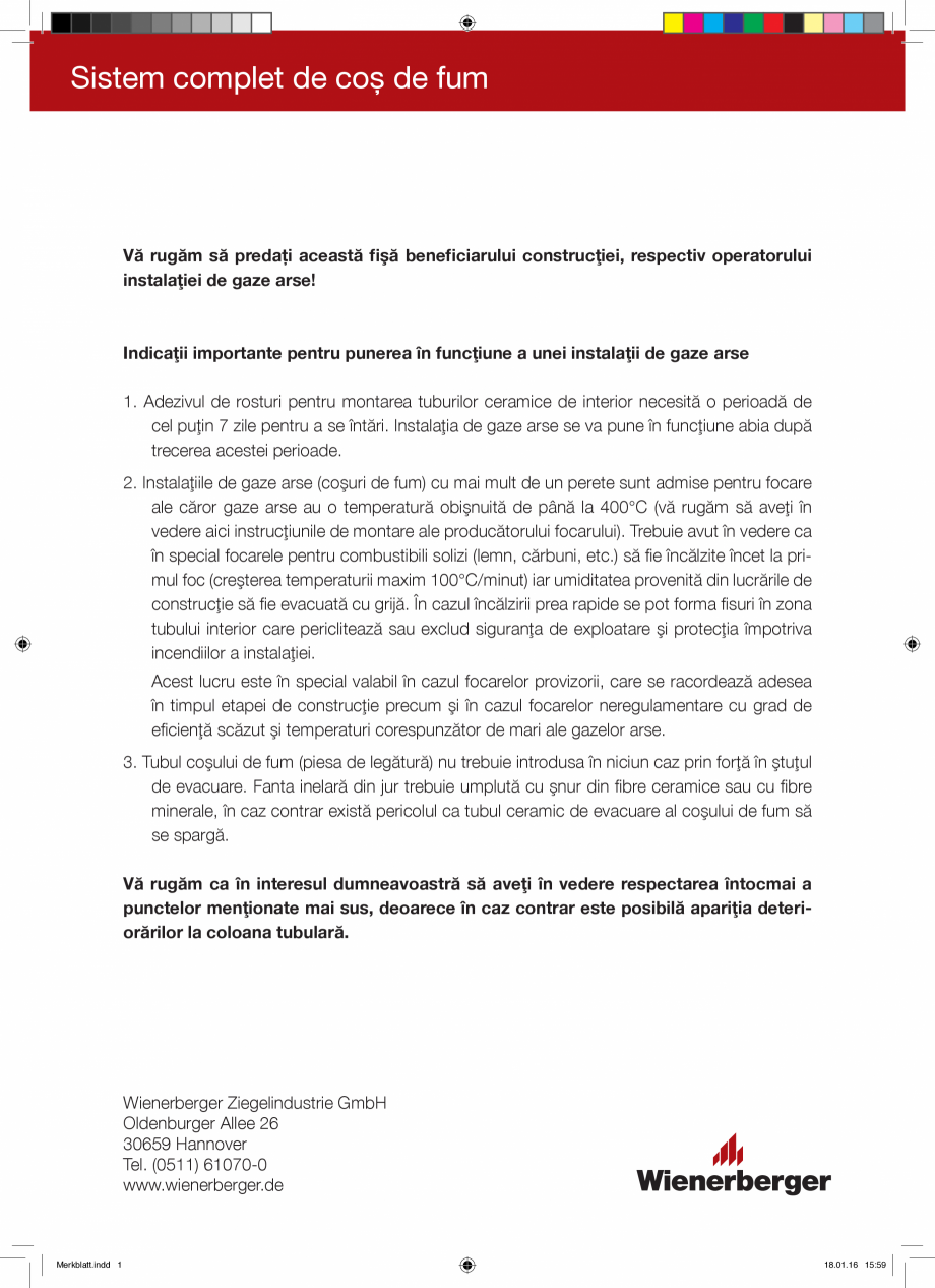 Pagina 1-Instructiuni punere in functiune instalatie de incalzire POROTHERM cos de fum universal Instructiuni...