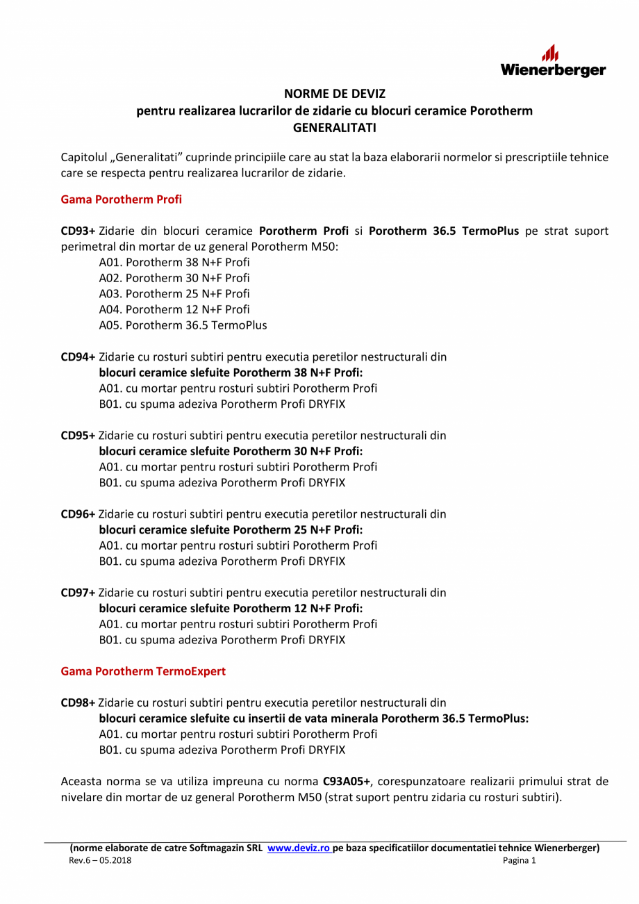 Pagina 1-Norme de deviz pentru realizarea lucrarilor de zidarie cu blocuri ceramice Porotherm POROTHERM M50, ...