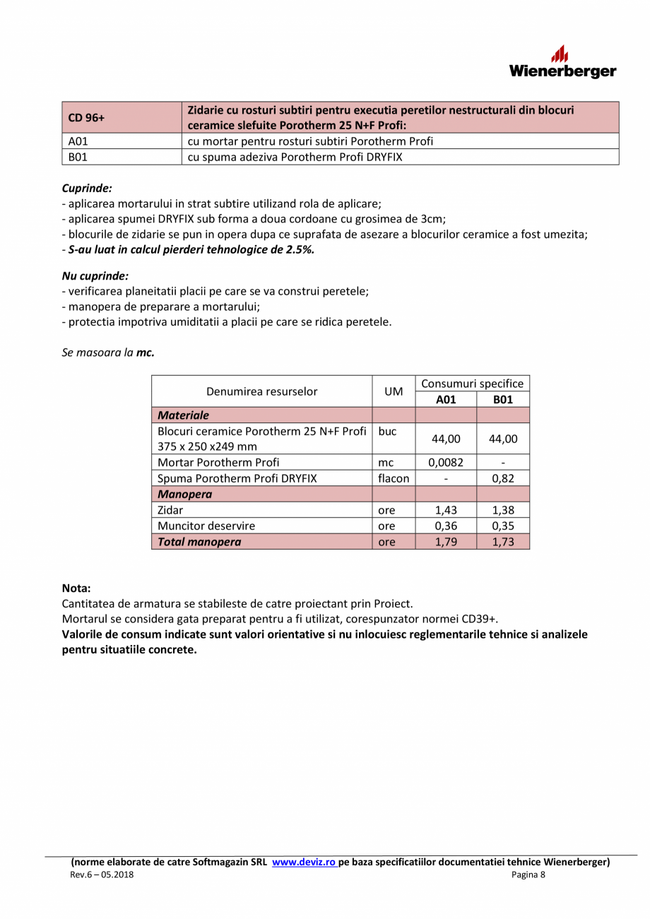 Pagina 8 - Norme de deviz pentru realizarea lucrarilor de zidarie cu blocuri ceramice Porotherm...