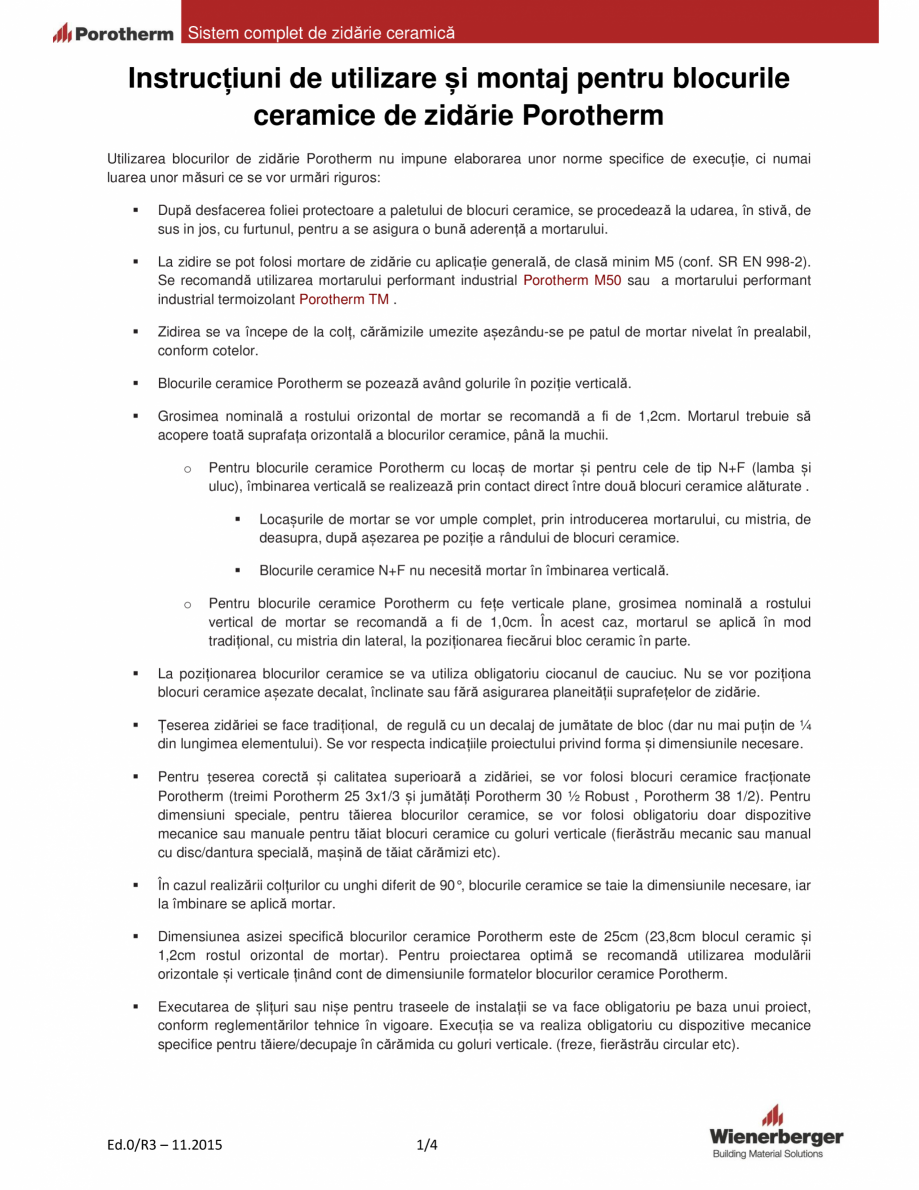 Pagina 1-Instructiuni de utilizare si montaj pentru blocurile ceramice de zidarie Porotherm POROTHERM M50, TM...