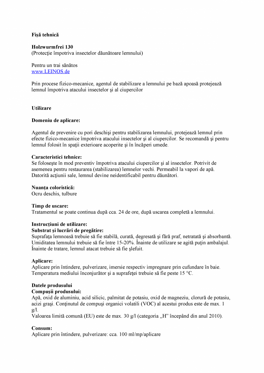 Pagina 1-Protectie impotriva insectelor daunatoare lemnului KREIDEZEIT Holzwurmfrei 130 Fisa tehnica Romana...