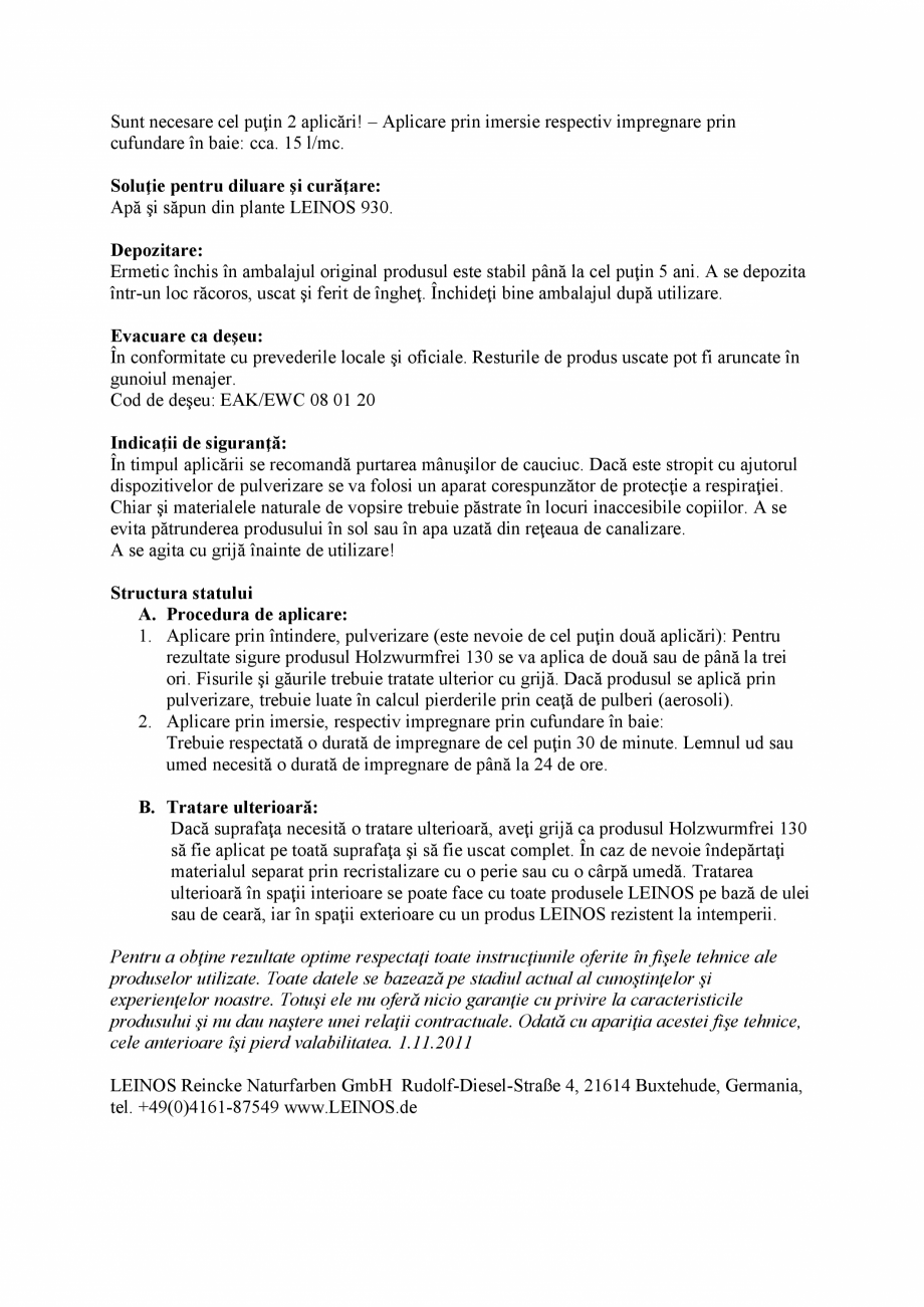 Pagina 2-Protectie impotriva insectelor daunatoare lemnului KREIDEZEIT Holzwurmfrei 130 Fisa tehnica Romana...