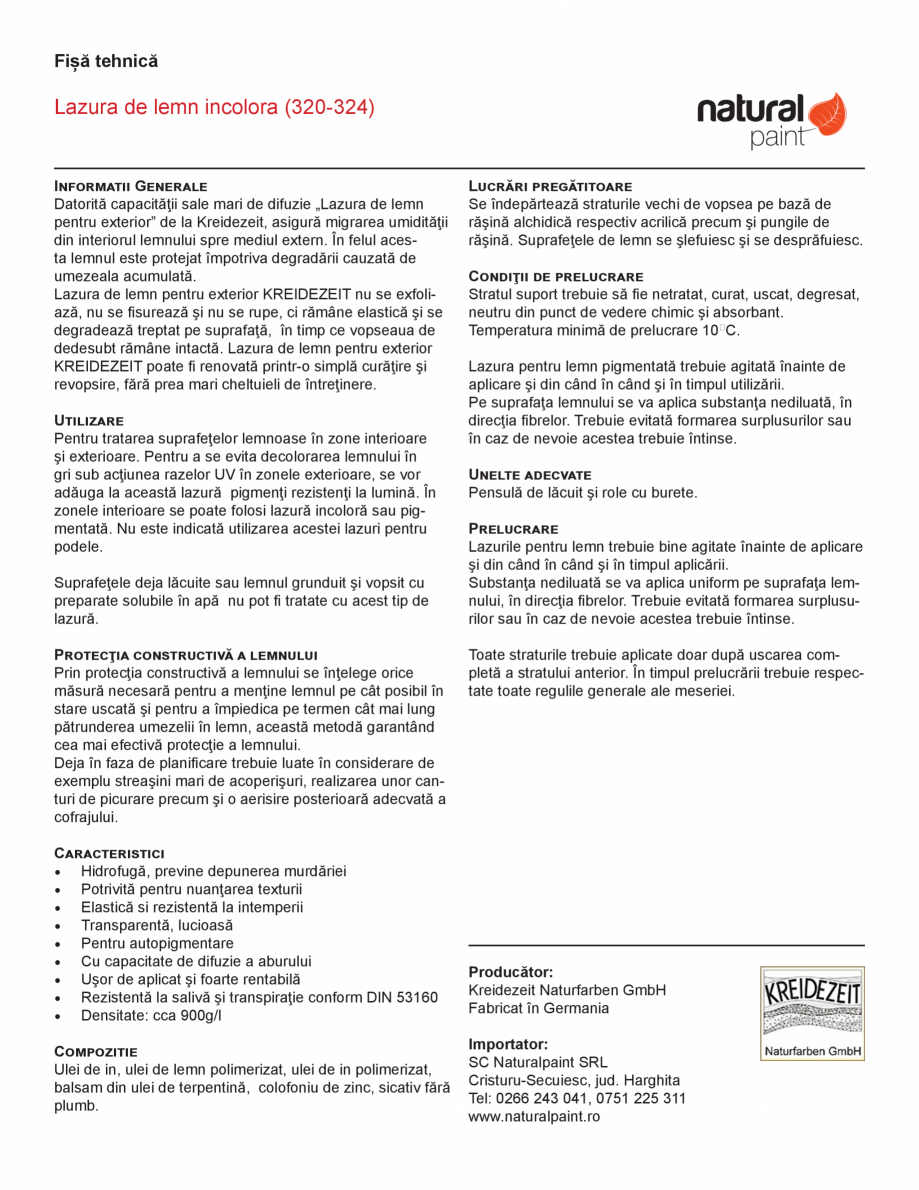 Pagina 1-Lazura de lemn incolora pentru exterior KREIDEZEIT Lazura 320-324 Fisa tehnica Romana Fișă...