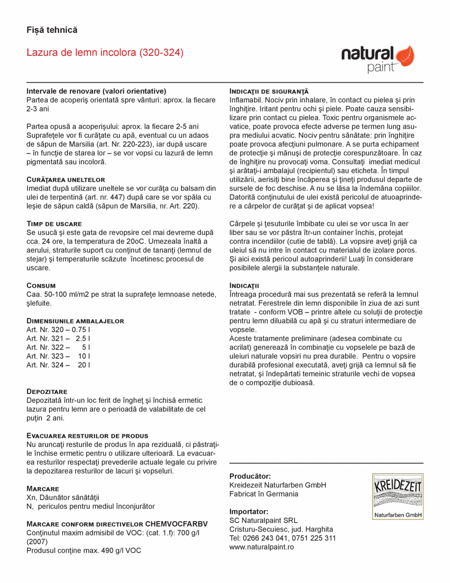 Pagina 3-Lazura de lemn incolora pentru exterior KREIDEZEIT Lazura 320-324 Fisa tehnica Romana  foarte...