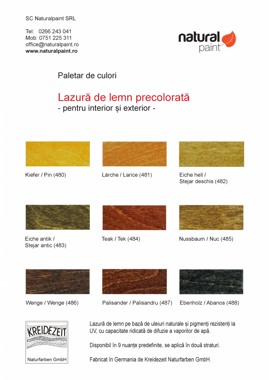 Pagina 1-Paletar culori lazura lemn precolorata KREIDEZEIT Lazura 320-324, Lazura 480-488 Catalog, brosura...