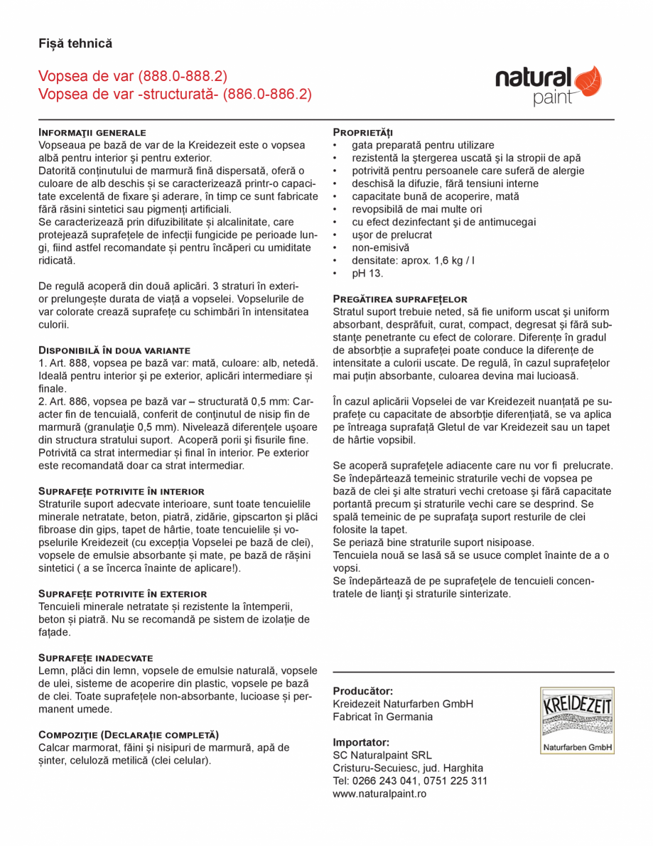 Pagina 1-Vopsea pe baza de var pentru spatii interioare KREIDEZEIT Fisa tehnica Romana Fișă tehnică
...