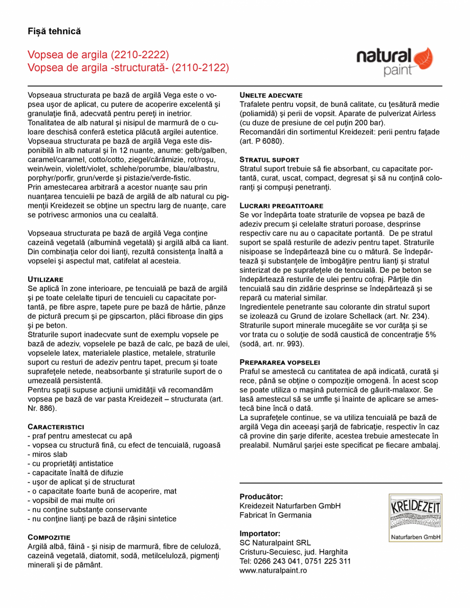 Pagina 1-Vopsea structurata pe baza de argila pentru spatii interioare KREIDEZEIT Vega Fisa tehnica Romana...