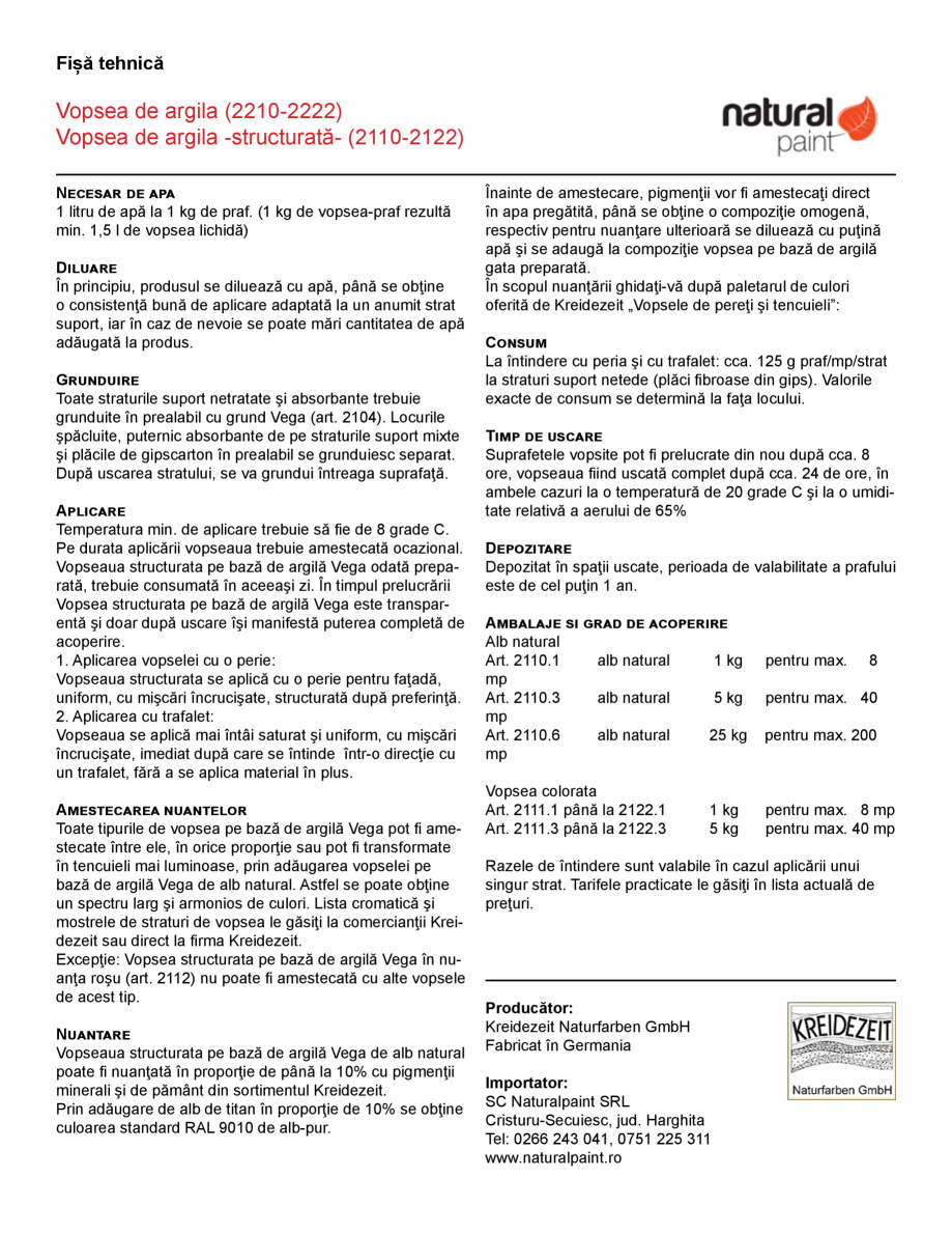 Pagina 2-Vopsea structurata pe baza de argila pentru spatii interioare KREIDEZEIT Vega Fisa tehnica Romana...