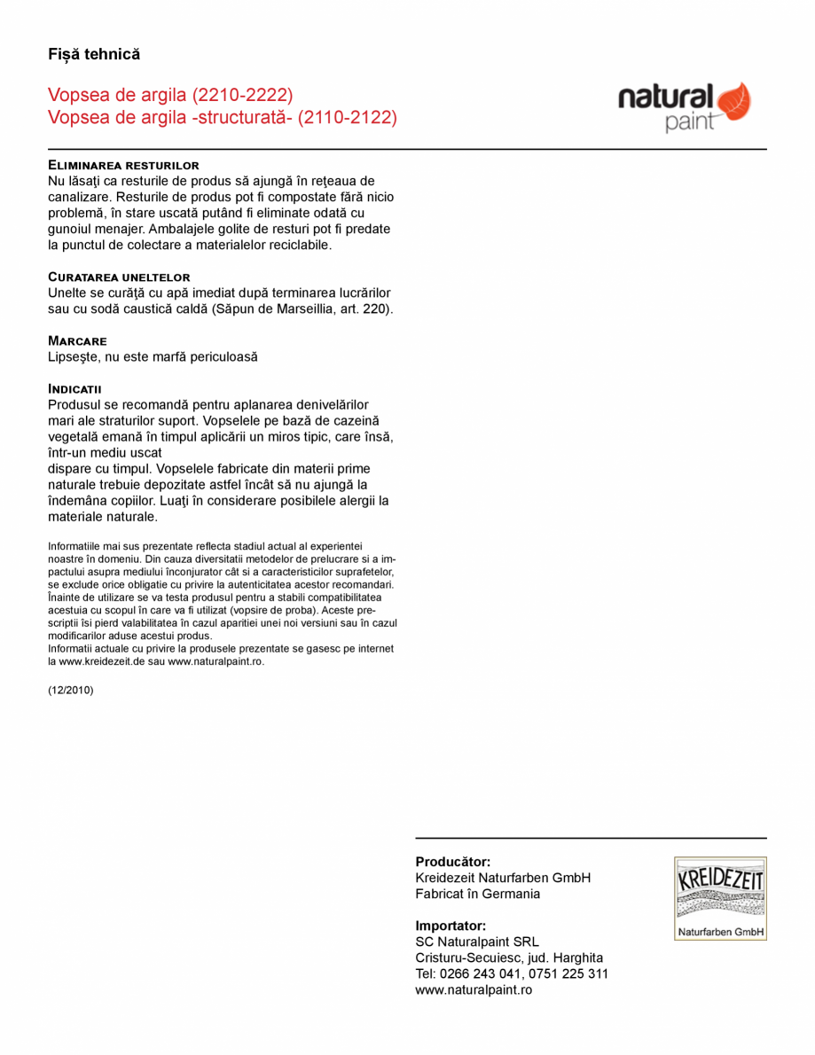 Pagina 3-Vopsea structurata pe baza de argila pentru spatii interioare KREIDEZEIT Vega Fisa tehnica Romana ...