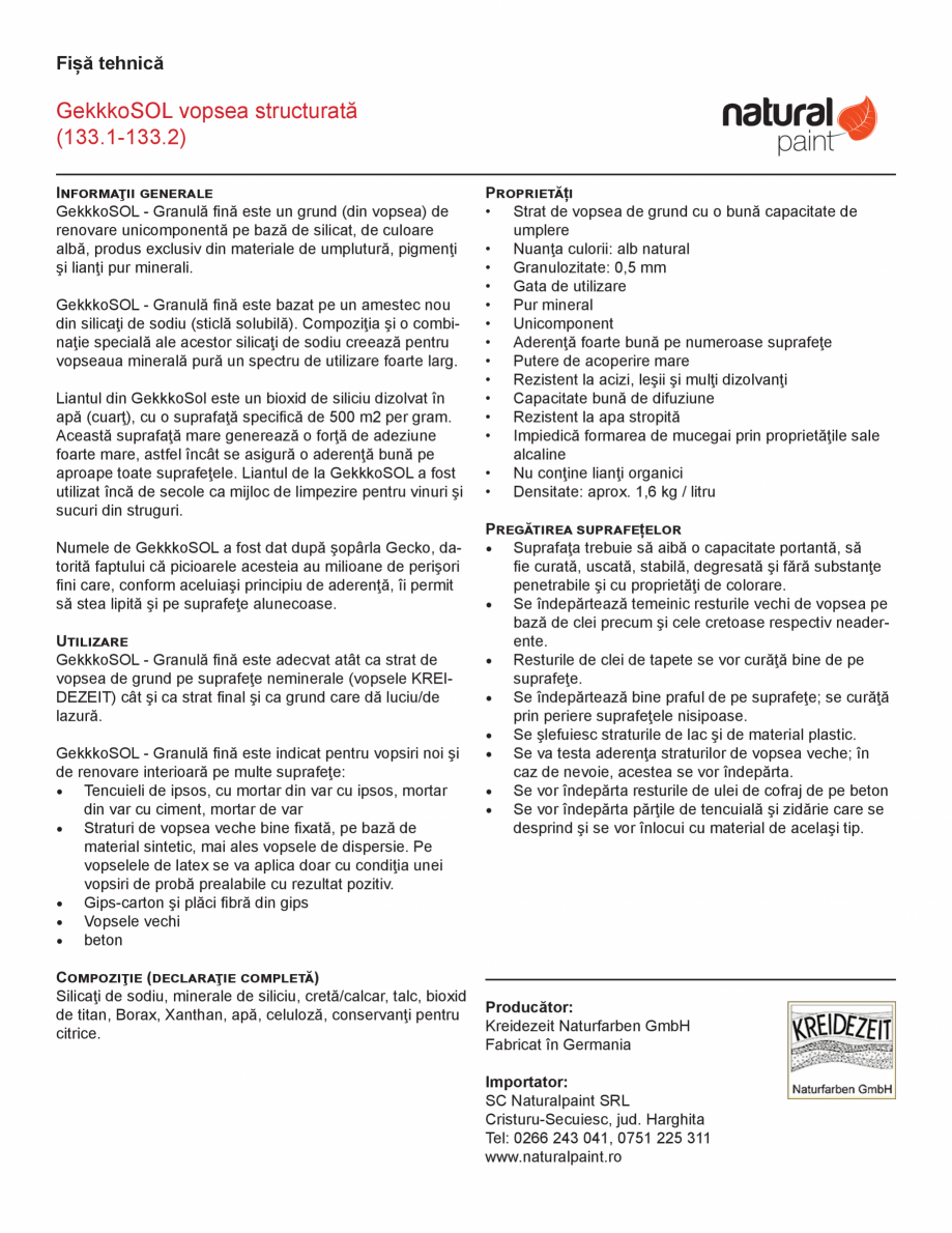 Pagina 1-Vopsea speciala pentru spatii interioare KREIDEZEIT GekkkoSOL Fisa tehnica Romana Fișă tehnică
...