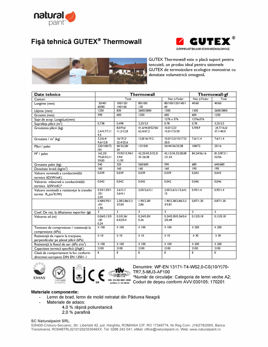 Pagina 1-Placa suport pentru tencuieli GUTEX Thermowall Fisa tehnica Romana Fişă tehnică GUTEX...
