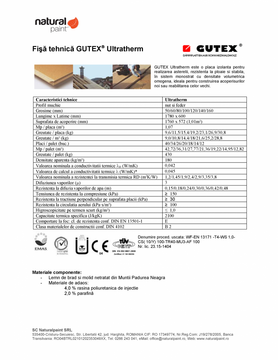 Pagina 1-Placa izolanta pentru realizarea asterelii GUTEX Ultratherm Fisa tehnica Romana Fişă tehnică...