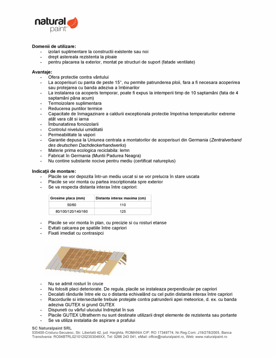 Pagina 2-Placa izolanta pentru realizarea asterelii GUTEX Ultratherm Fisa tehnica Romana portare la foc: cl. ...