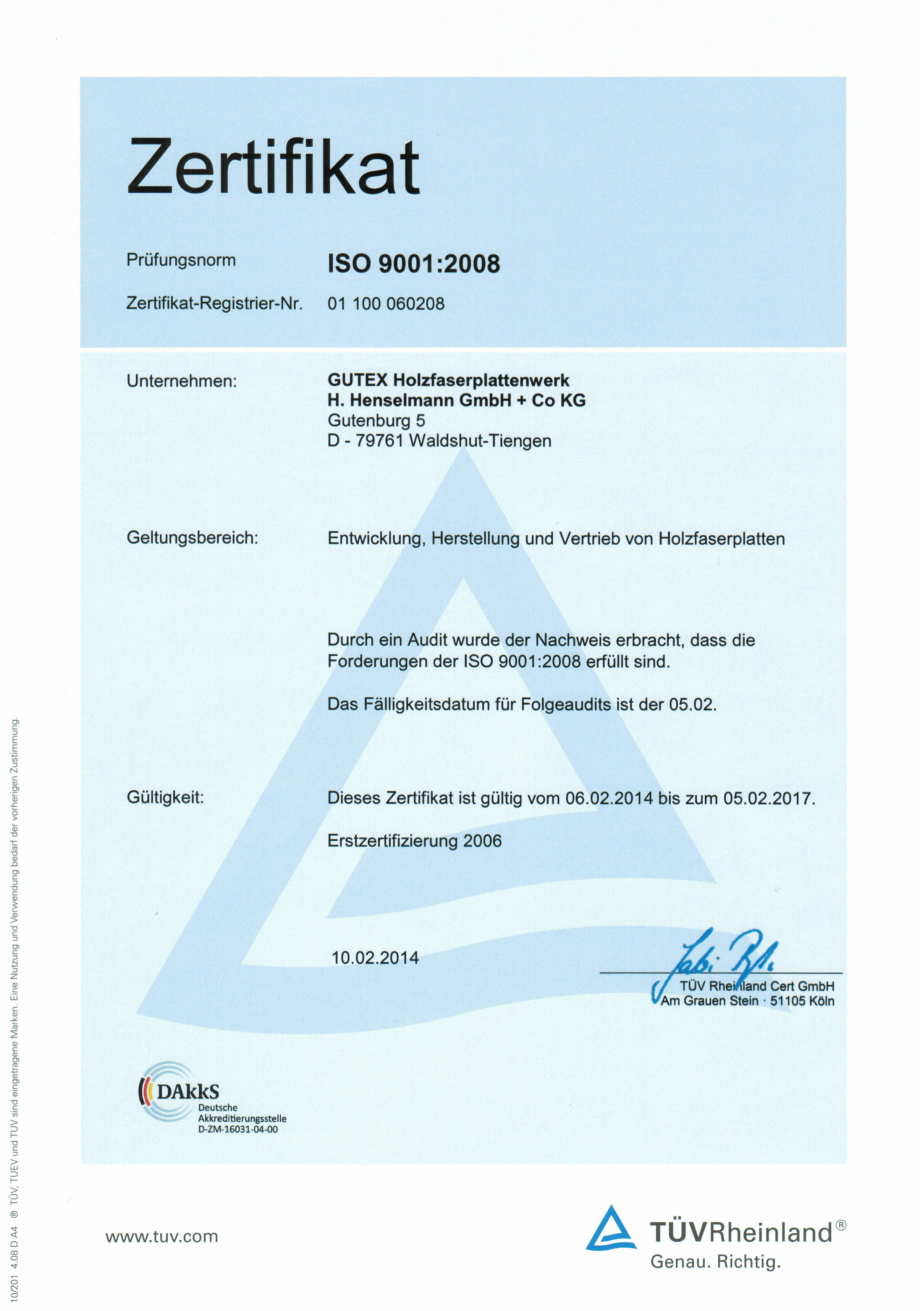 Pagina 1-Certificat Gutex ISO 9001:2008 GUTEX Multiplex-top, Multitherm, Thermoflex, Thermoroom, Thermowall, ...