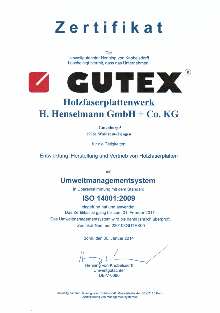 Pagina 1-Certificat Gutex ISO 14001:2009 GUTEX Multiplex-top, Multitherm, Thermoflex, Thermoroom, Thermowall,...