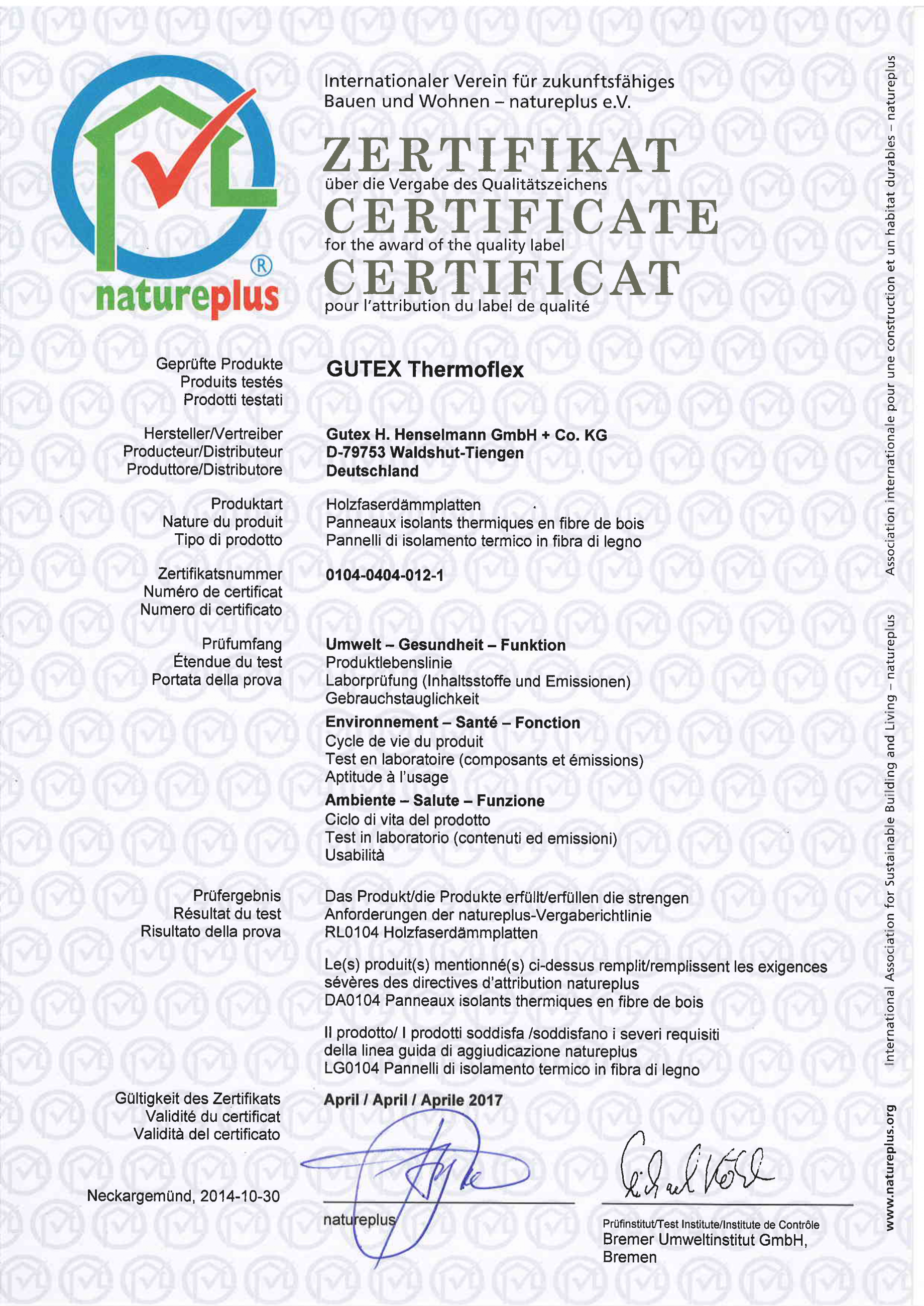 Certificat de calitate natureplus GUTEX Thermoflex Certificare produs