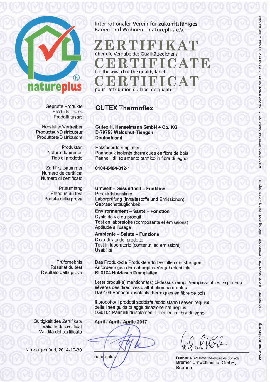 Pagina 1 - Certificat de calitate natureplus GUTEX Thermoflex Certificare produs Germana f
...
