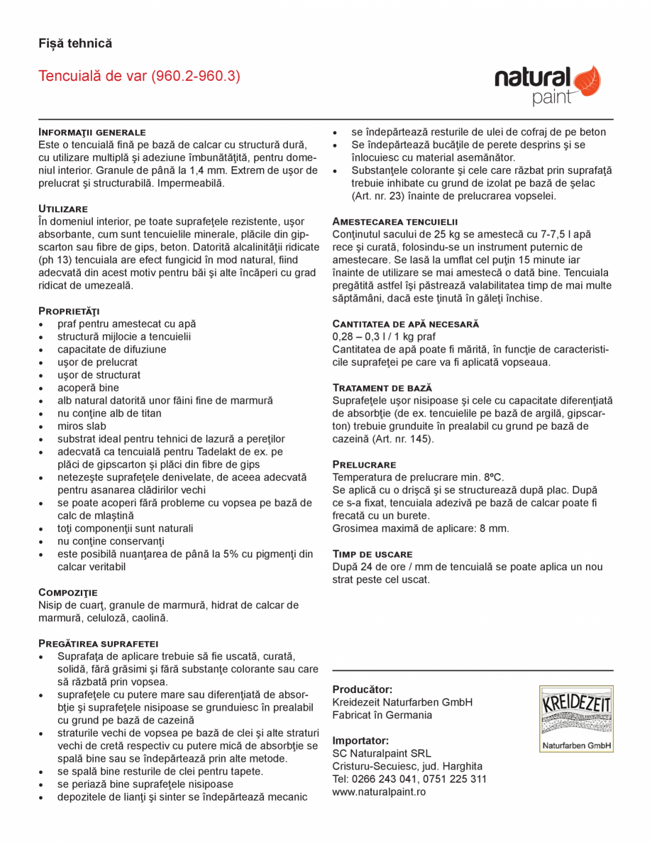 Pagina 1-Tencuiala de var KREIDEZEIT 960.2-960.3 Fisa tehnica Romana Fișă tehnică

Tencuială de var (960....