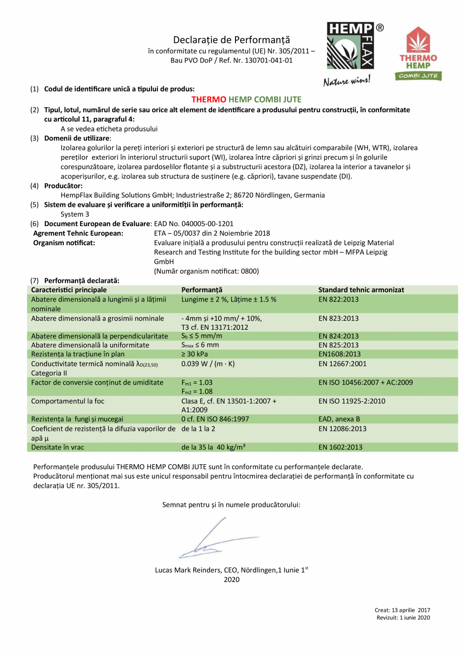 Pagina 1 - Declaratie de performanta THERMO HANF COMBI JUTE Certificare produs Romana Declarație de...