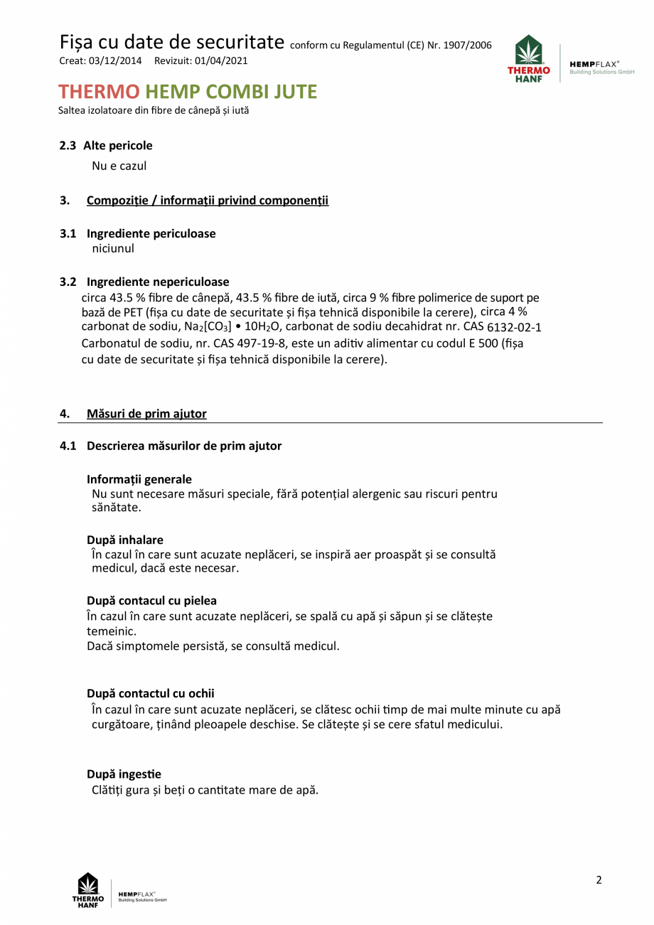 Pagina 2-Fisa cu date de securitate saltea izolatoare din fibre de canepa si iuta THERMO HANF COMBI JUTE...