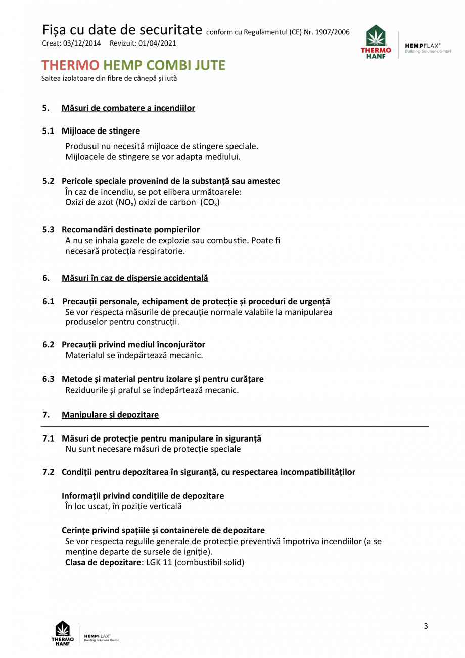 Pagina 3-Fisa cu date de securitate saltea izolatoare din fibre de canepa si iuta THERMO HANF COMBI JUTE...