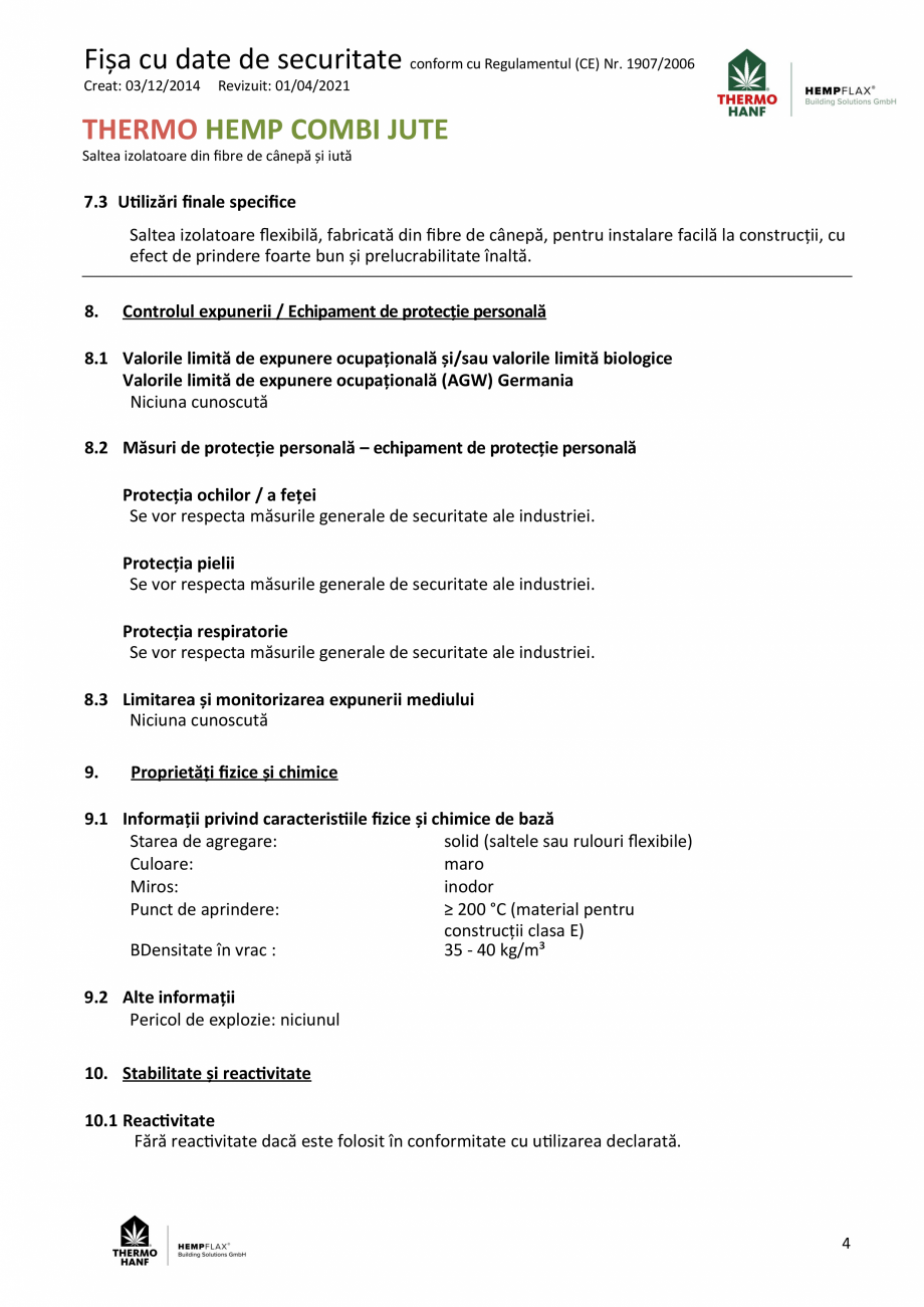 Pagina 4-Fisa cu date de securitate saltea izolatoare din fibre de canepa si iuta THERMO HANF COMBI JUTE...