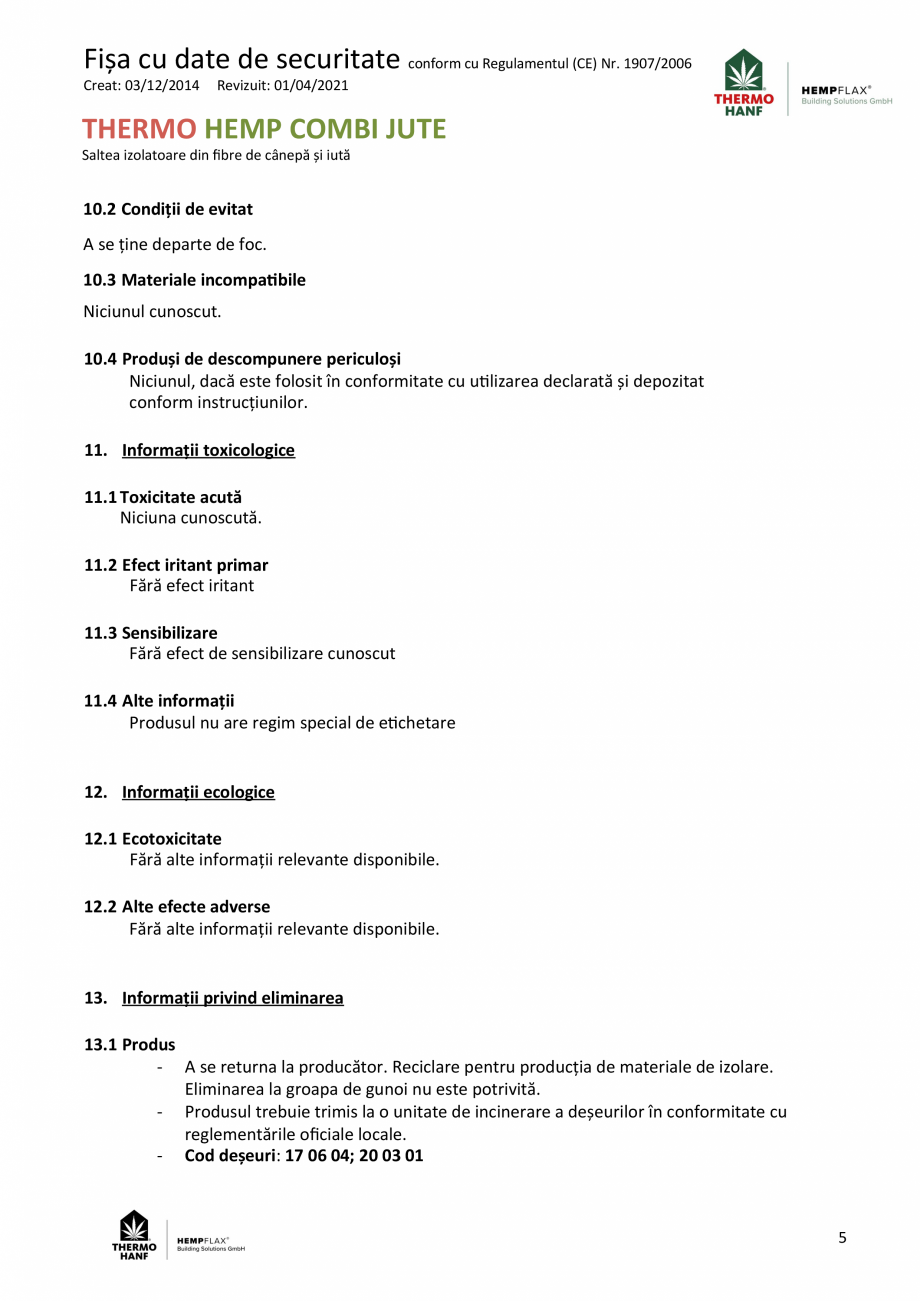 Pagina 5-Fisa cu date de securitate saltea izolatoare din fibre de canepa si iuta THERMO HANF COMBI JUTE...