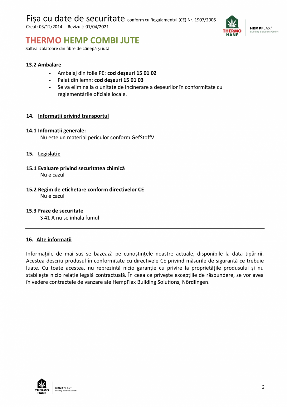 Pagina 6-Fisa cu date de securitate saltea izolatoare din fibre de canepa si iuta THERMO HANF COMBI JUTE...