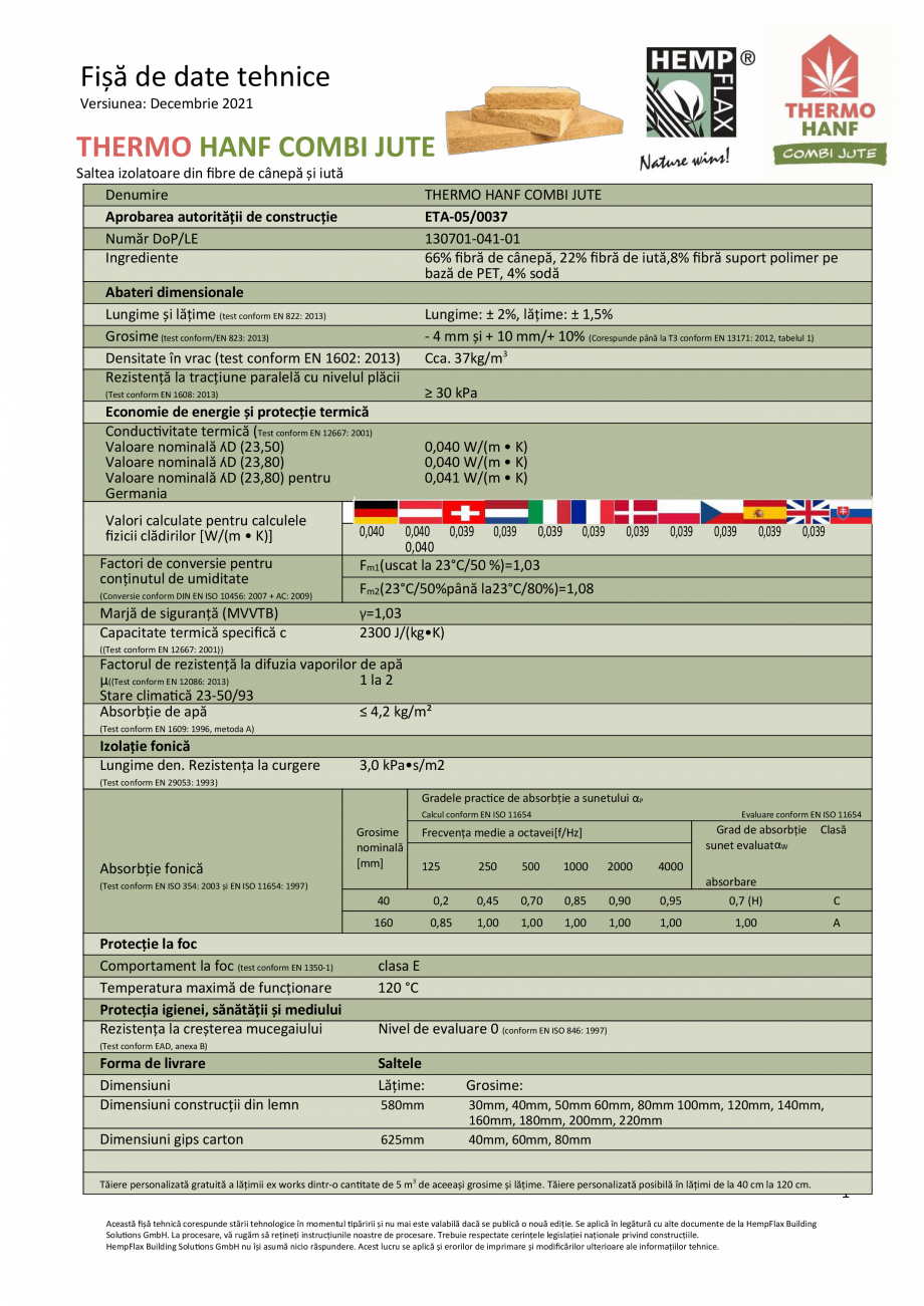 Pagina 1-Saltea izolatoare din fibre de canepa si iuta THERMO HANF COMBI JUTE Fisa tehnica Romana Fișă de...