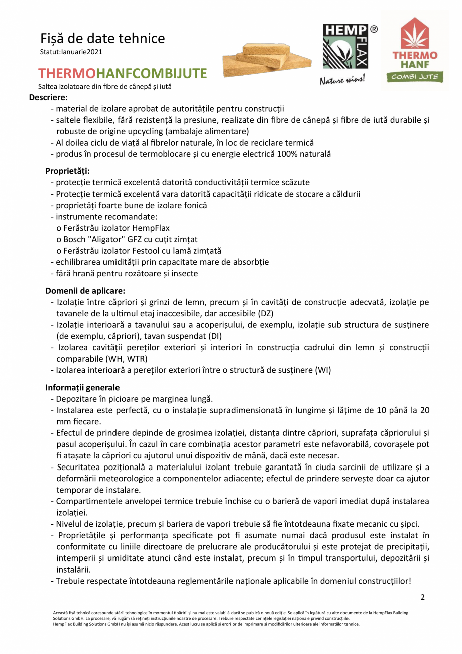 Pagina 2-Saltea izolatoare din fibre de canepa si iuta THERMO HANF COMBI JUTE Fisa tehnica Romana 
Factori de...