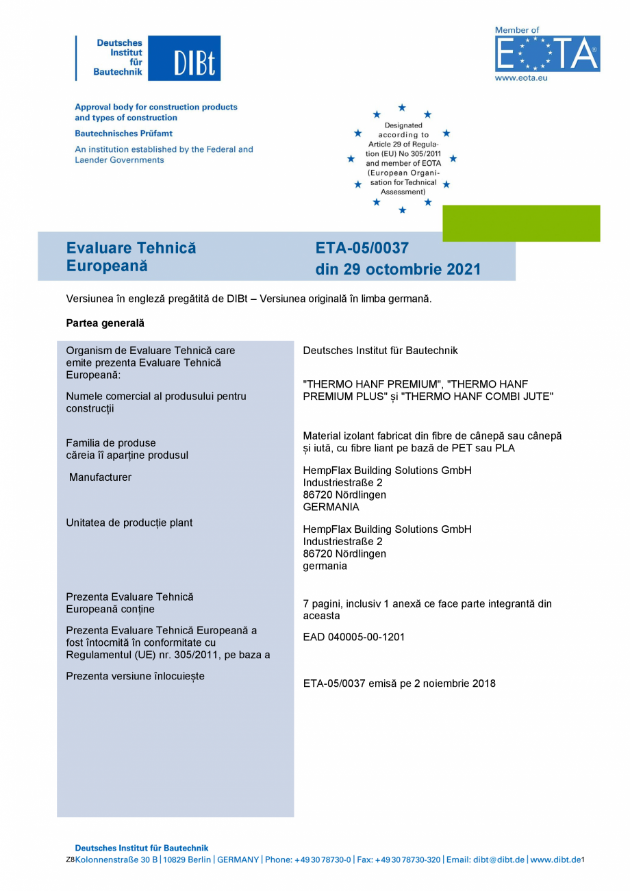 Pagina 1-Evaluare tehnica europeana ETA-05/0037 THERMO HANF COMBI JUTE, STEP Certificare produs Romana...