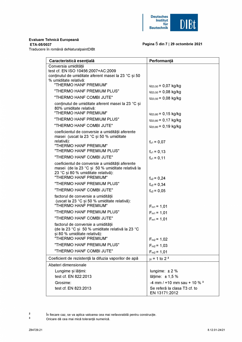 Pagina 5-Evaluare tehnica europeana ETA-05/0037 THERMO HANF COMBI JUTE, STEP Certificare produs Romana r...